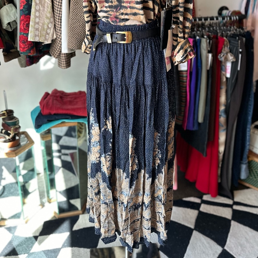 90s Carole Little Navy Blue Printed Maxi Skirt Size Small